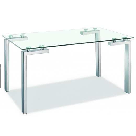 Glass and stainless steel dining table, 140 x 80 x 75 cm