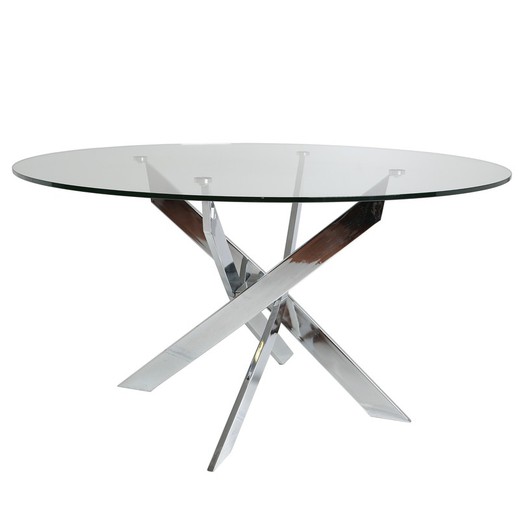 Szklany stół do jadalni i chromowana metalowa konstrukcja, Ø120 x 75 cm
