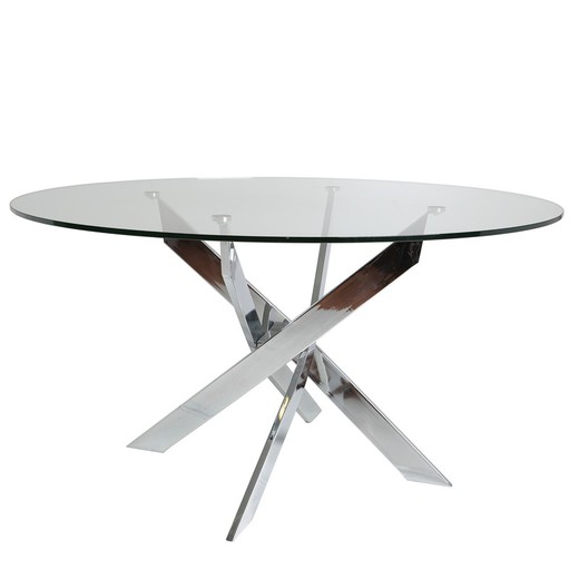 Glass dining table and chrome metal structure, Ø140 x 76 cm