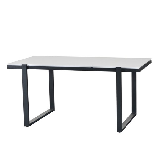 Wooden dining table with white finish and black metal frame, 160 x 90 x 75 cm