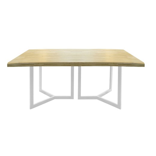 Oak wood and metal dining table in natural and white, 180 x 100 x 76 cm | Artist