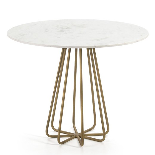 Mesa de jantar em metal dourado e mármore branco, 95x75 cm