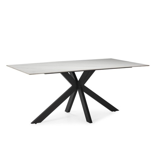 Eettafel van synthetisch steen en metaal in zwart en wit, 180 x 90 x 76 cm | Bimba