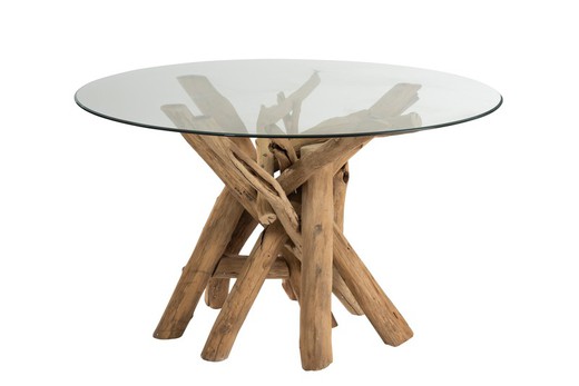 Matbord med grenar och Natur/Transparent glas, Ø128x75 cm