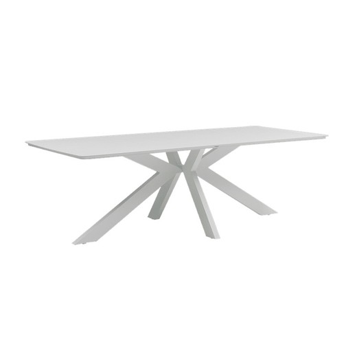 Mesa de comedor elevable de aluminio y cristal cerámico en blanco y beige, 240 x 100 x 75 cm | Bais