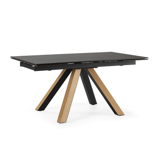 Table à manger extensible en céramique et placage en noir et naturel, 160-240 x 90 x 76 cm | Azuré