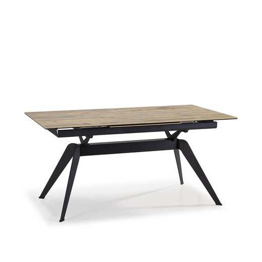Table à manger extensible en céramique et métal naturel et noir, 160/220 x 90 x 76 cm | Lula