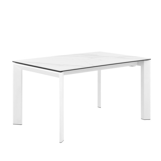 Extendable dining table in tempered glass and porcelain finish, 140/200 x 90 x 76 cm