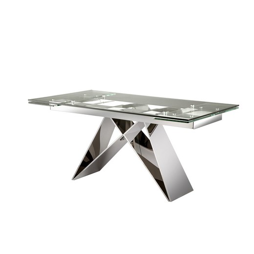 Mesa de jantar extensível de vidro e aço inoxidável Mika, 160x90x75cm