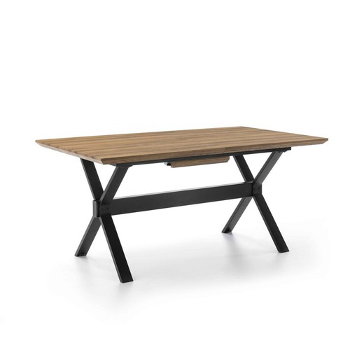 Mesa de jantar extensível em folheado de madeira. Estrutura de pernas de ferro preto 140 / 180x90x76-160 / 200x90x77