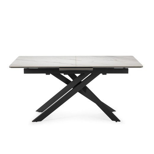 Mesa de comedor extensible de piedra sintetizada y metal en blanco y negro, 160-200 x 89,5 x 76 cm | Belma