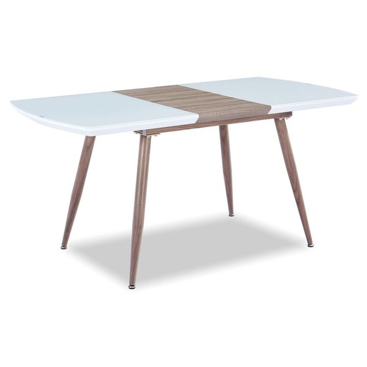 Högblanklackerat utdragbart matbord och vitt glas med imiterad trämetallstruktur, 140/180 x 80 x 76 cm