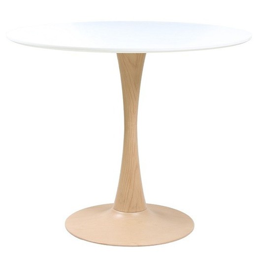 Mesa de jantar lacada a branco e estrutura de metal com acabamento em imitação de madeira, Ø90 x 72 cm