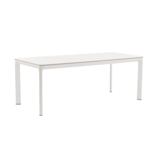 Mesa de comedor para jardín de aluminio y porcelánico en blanco, 200 x 90 x 75 cm | Boori