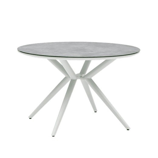 Mesa de comedor para jardín redonda de aluminio y cristal cerámico en blanco y gris claro, 120 x 120 x 75 cm | Orick