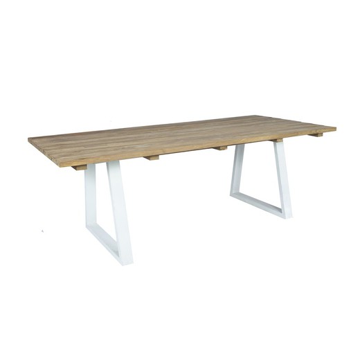 Mesa de jantar para terraço em madeira de teca reciclada e aço em natural e branco, 220 x 100 x 75 cm | Arlington