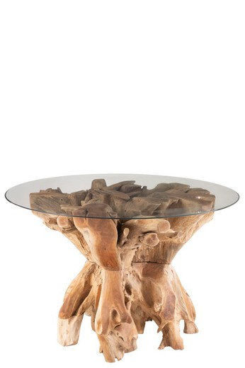 RAOUL Teak and Natural Glass Dining Table, Ø140x75 cm