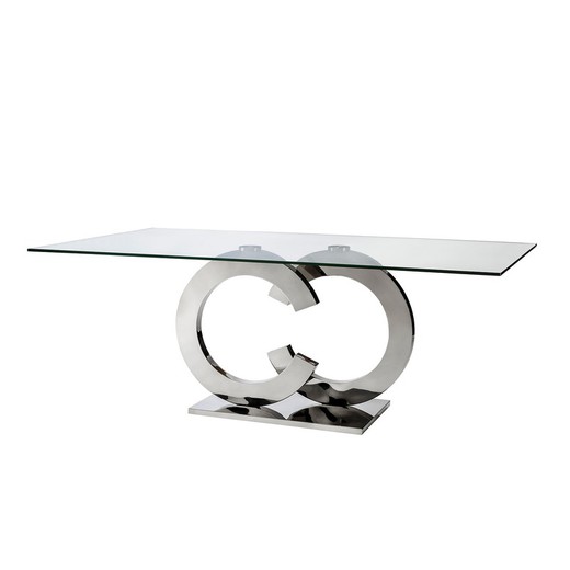 Mesa de comedor rectangular de cristal y acero inoxidable plateada, 200 x 100 x 76 cm | Casandra