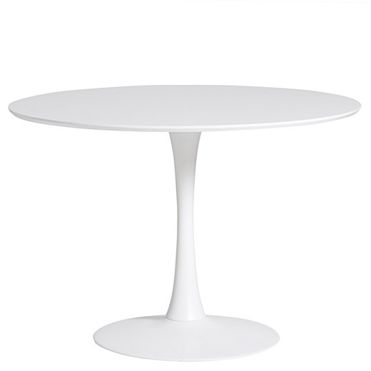 Mesa de jantar redonda branca feita de madeira e perna de metal, 110 x 110 x 75 cm