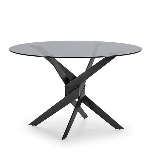 Mesa de comedor redonda de cristal templado y metal en negro y gris, 120 x 120 x 76 cm | Jenna