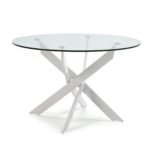 Mesa de comedor redonda de cristal templado y metal en transparente y blanco, 120 x 120 x 76 cm | Ruth