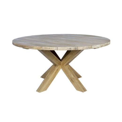 Round outdoor dining table in natural recycled teak wood, 160 x 160 x 78 cm | Bamho