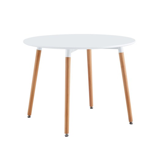 Round beech wood dining table in white and natural, 100 x 100 x 74.5 cm | Nordika