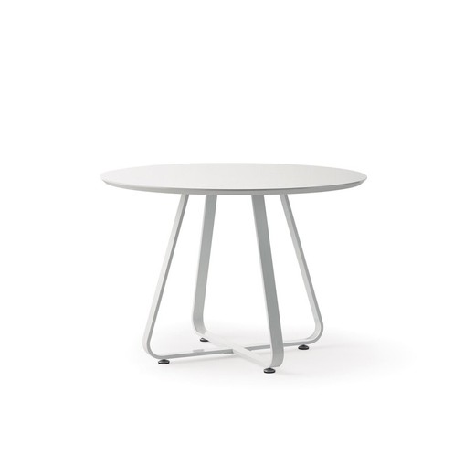 Mesa de jantar redonda em madeira lacada. Estrutura da perna de metal branco 110x75
