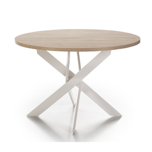 Round dining table made of wood and metal in natural and white, 120 x 120 x 77 cm | Ther