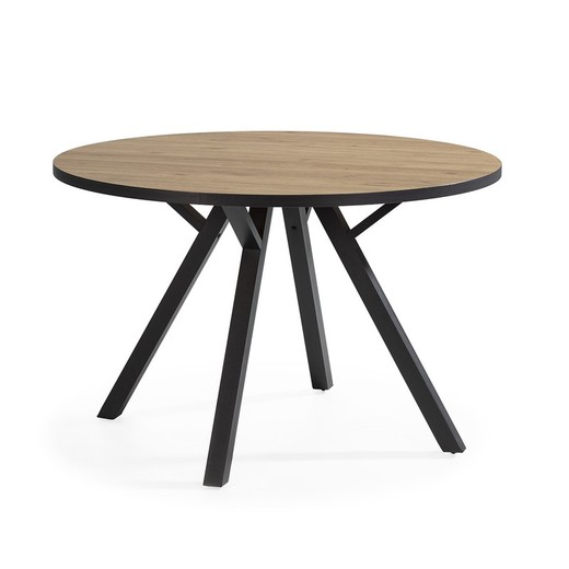 Table à manger ronde en bois et métal naturel et noir, 120 x 120 x 77 cm | Béni