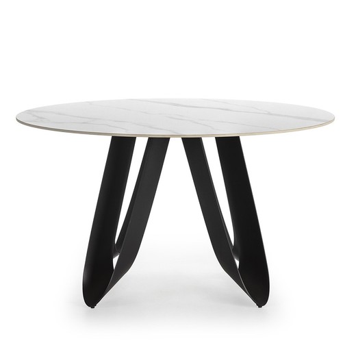 Mesa de comedor redonda de piedra sintetizada y metal en blanco y negro, 135 x 135 x 76 cm | Aila