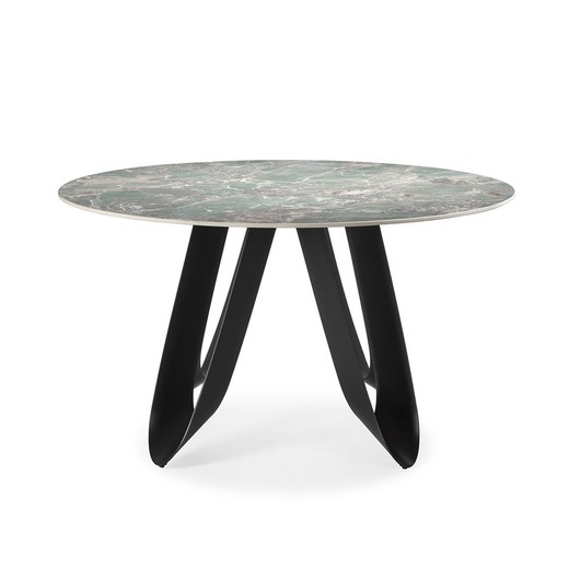 Mesa de jantar redonda em pedra sintética e metal verde, 135 x 135 x 76 cm | Aila