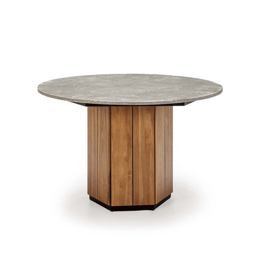 Runt matbord i sten och grå/natur teak, Ø 120 x 77 cm