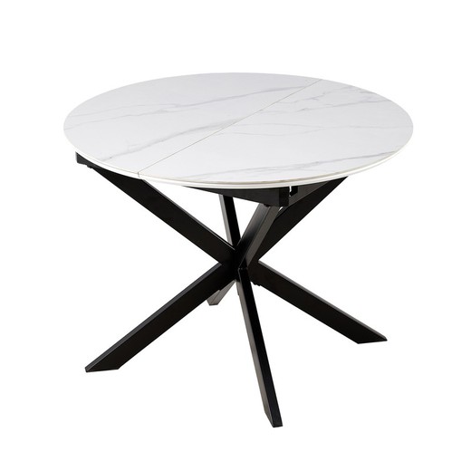 Mesa de comedor redonda extensible de cerámica y metal en blanco y negro, 100-140 x 100 x 75 cm | Ibiza
