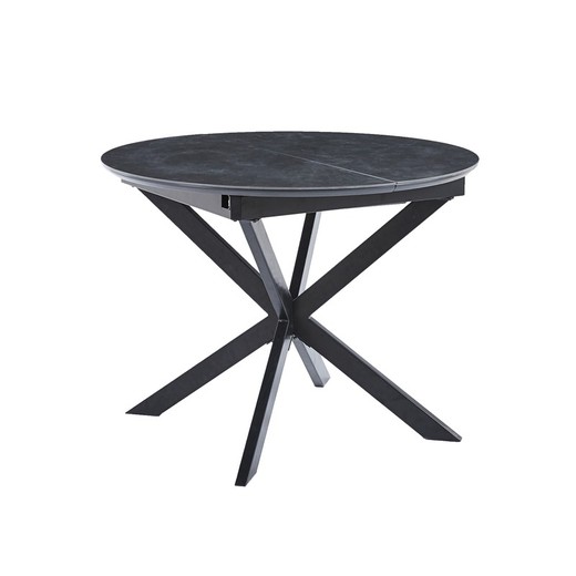 Mesa de comedor redonda extensible de cerámica y metal en negro, 100-140 x 100 x 75 cm | Vulcano