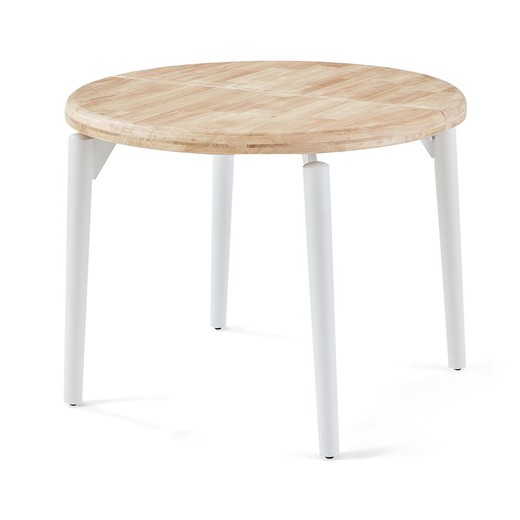 Extendable round dining table made of oak wood and metal in natural and white, 100 - 140 - 180 x 100 x 76 cm | Moon