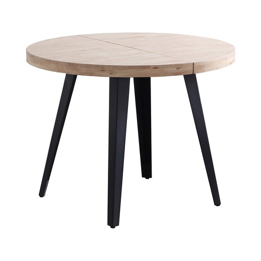 Extendable round dining table made of oak wood and metal in natural and black, 120 - 160 - 200 x 120 x 76 cm | Berg