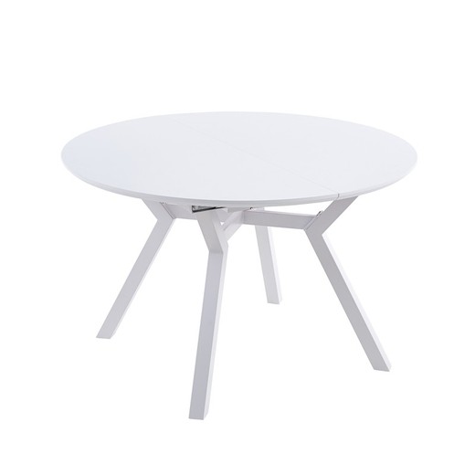 Round extendable wooden and metal dining table in white, 120-160 x 120 x 75 cm | Delta