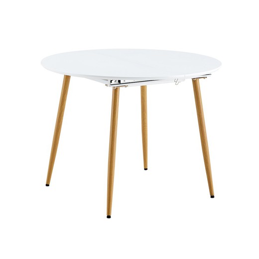 Mesa de comedor redonda extensible de madera y metal en blanco y natural, 100-140 x 100 x 75 cm | Artic