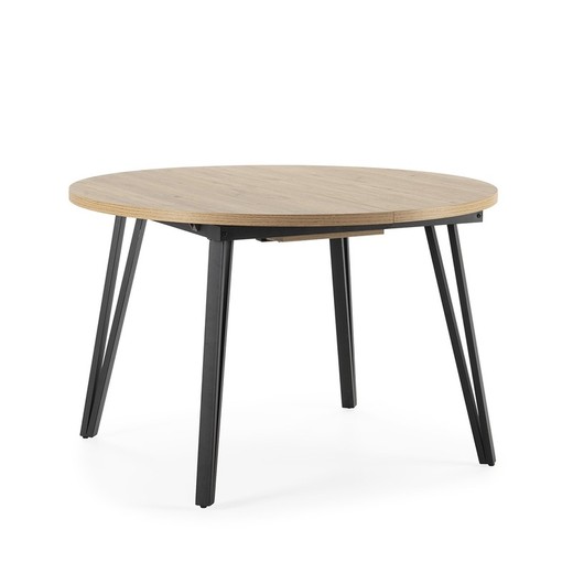 Mesa de comedor redonda extensible de madera y metal en color roble y negro, 120-150 x 120 x 77 cm | Cleo