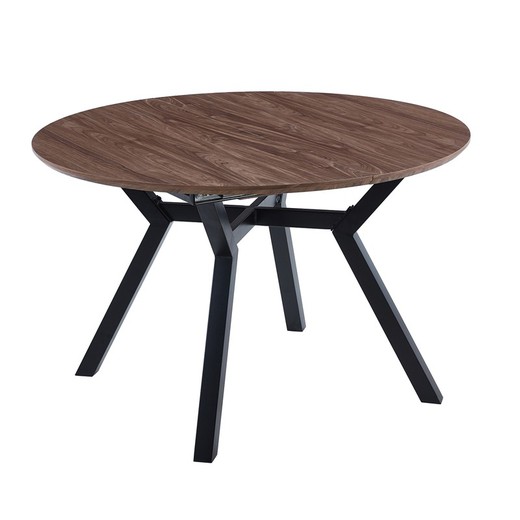 Round extendable wooden and metal dining table in walnut and black, 120-160 x 120 x 75 cm | Delta