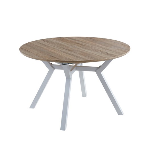Table à manger ronde extensible en bois et métal chêne et blanc, 120-160 x 120 x 75 cm | Delta