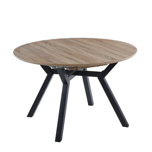 Extendable round wooden and metal dining table in oak and black, 120-160 x 120 x 75 cm | Delta