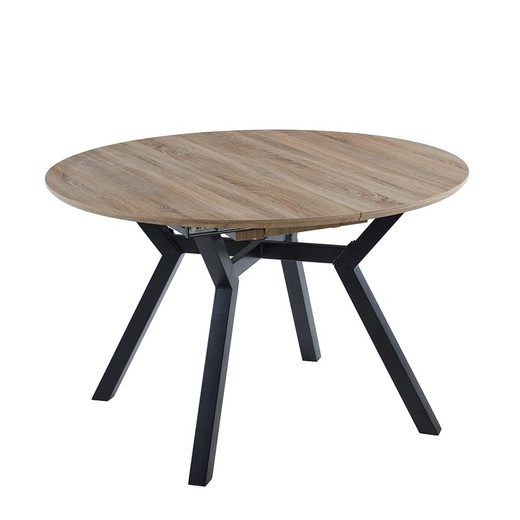 Uitschuifbare ronde houten en metalen eettafel in eiken en zwart, 120-160 x 120 x 75 cm | Delta