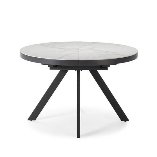 Ronde uitschuifbare eettafel in kunststeen en MDF in zwart en wit, 120-160 x 120 x 76 cm | Bella