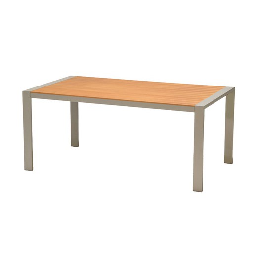 Mesa de comedor de exterior de madera natural y aluminio gris, 170x96,5x75 cm