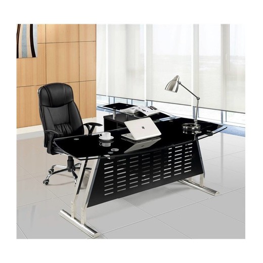 Table de bureau en acier, aluminium et verre avec meuble à droite, 160 x 80 x75 cm