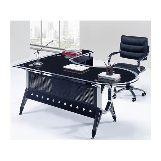 Glass and steel office table with storage unit on the right, 180 x 85 x 75 cm