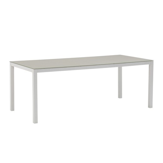 Rectangular aluminum and glass table in white and gray, 200 x 90 x 74 cm | Adin