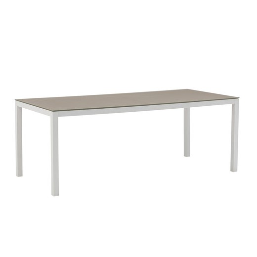 Rechthoekige tafel van aluminium en glas in wit en taupe, 200 x 90 x 74 cm | Adin